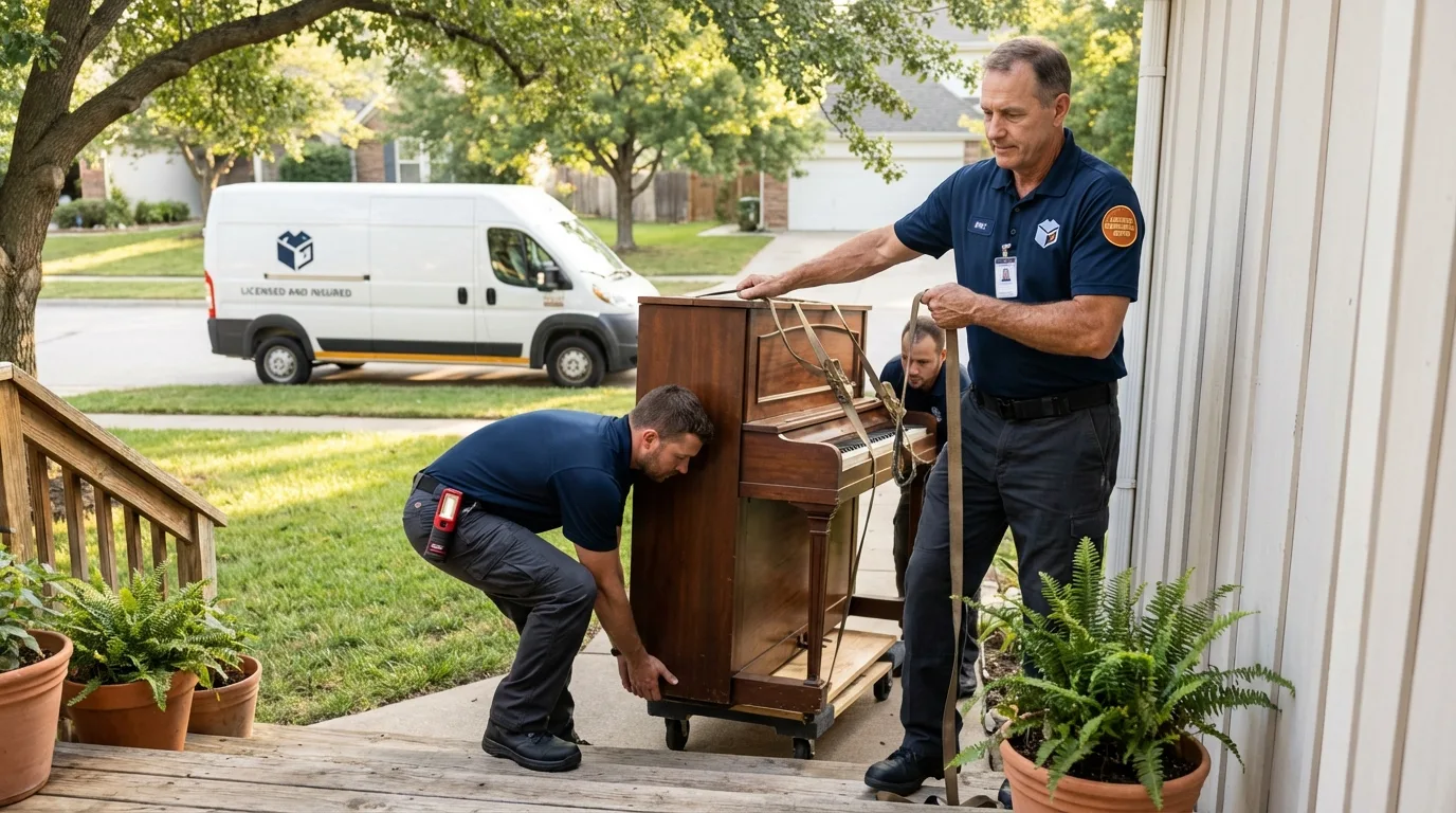 Licensed piano movers securing grand piano in Frederick, OK