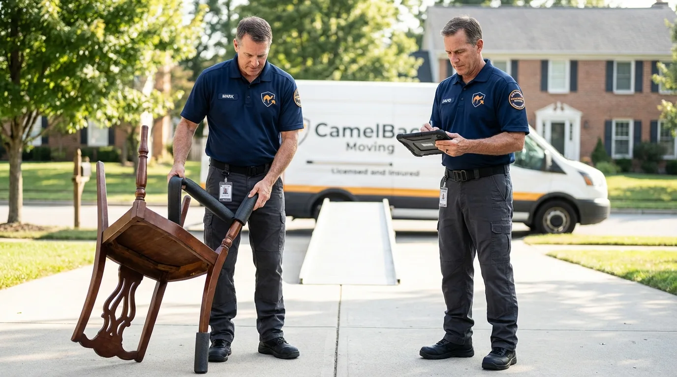 Movers inspecting furniture for damage prevention before loading in Frederick, OK