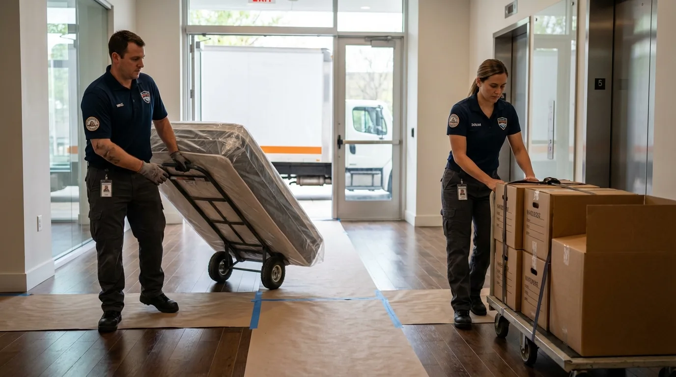 Professional apartment movers loading elevator in Frederick, OK